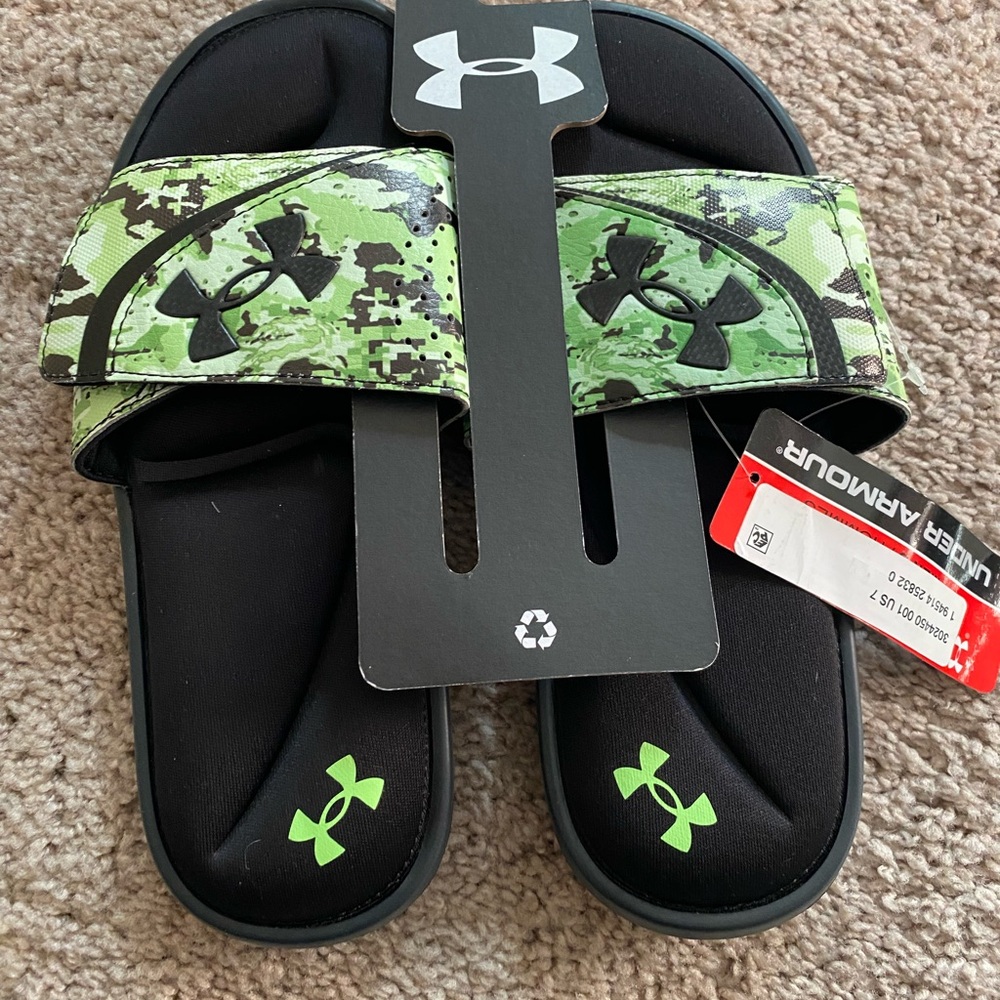 Under Armour Green and Black Camo Slide Sandals